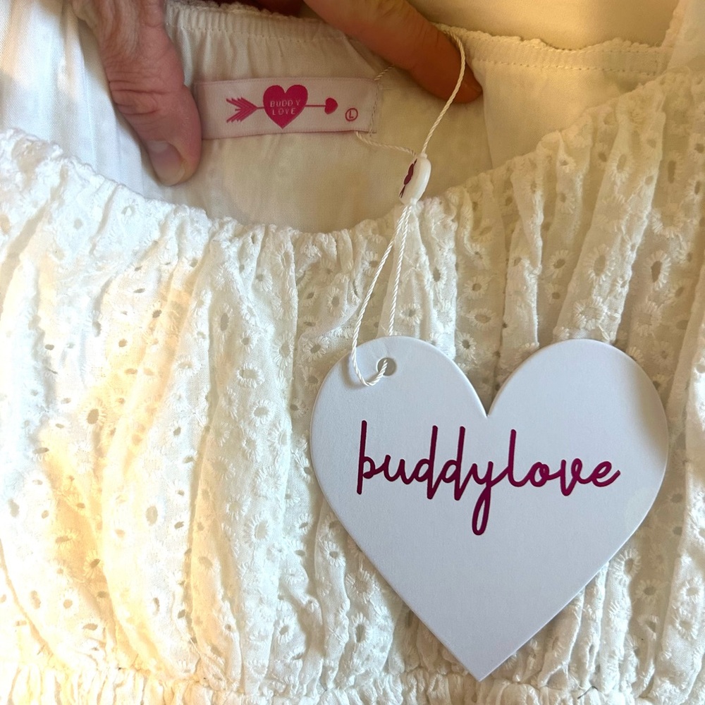 NWT Buddy Love Valentina White Eyelet Mini Dress with Puff Sleeves- Size L - Picture 7 of 8